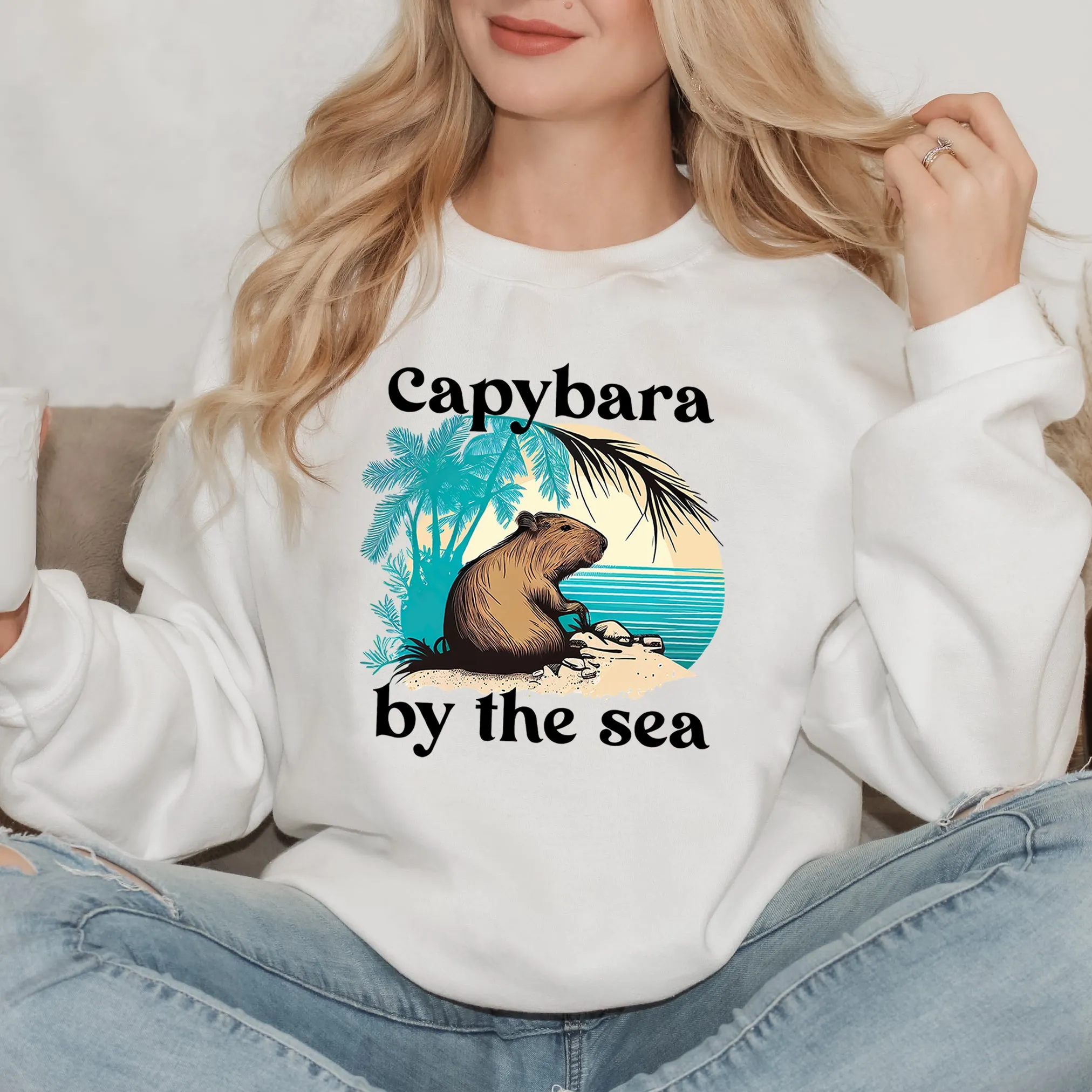 Capybara By The Sea Shirt | Capybara Lover Gift | Tropical Island Sweatshirt | Funny Capybara Shirt| | Unisex Crewneck Sweatshirt