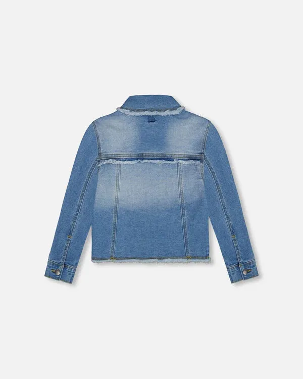 Deux Par Deux Girls Frayed Denim Jacket   G30G50   Navy Denim