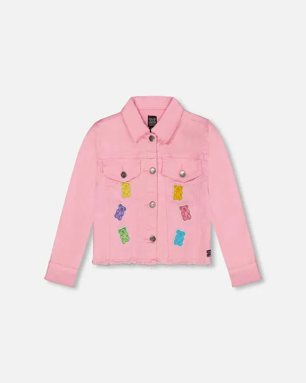 Deux Par Deux Girls Jean Jacket With Patches   G30K50   Prism Pink
