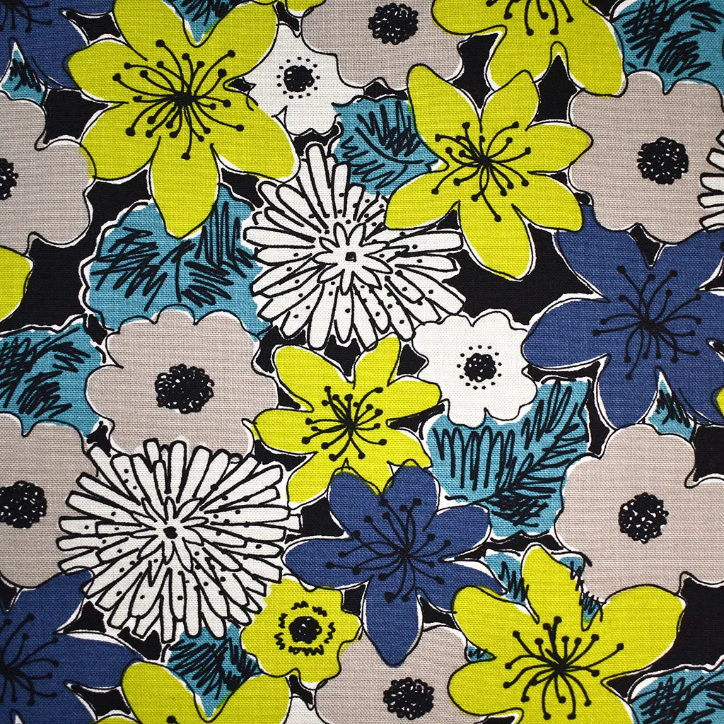 Japanese Layered Sketchy Floral Canvas Citron/Aqua