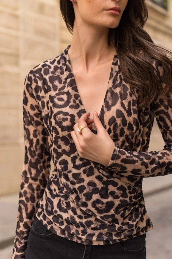 Leopard Mesh Wrap Top