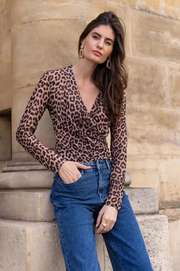 Leopard Mesh Wrap Top