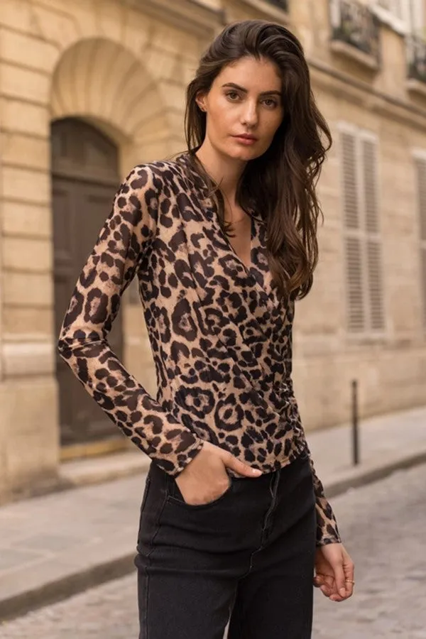Leopard Mesh Wrap Top