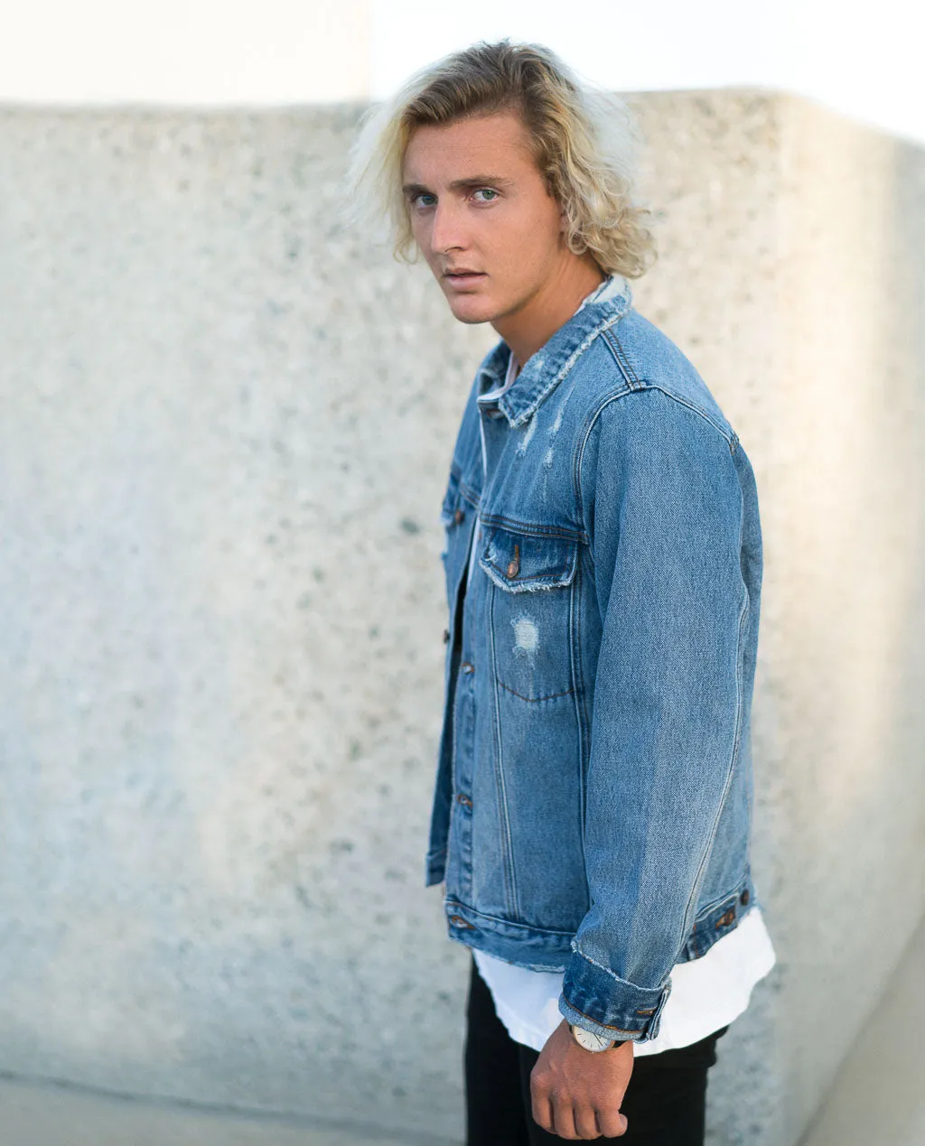 Rollas Distressed Stone Denim Jacket Indigo