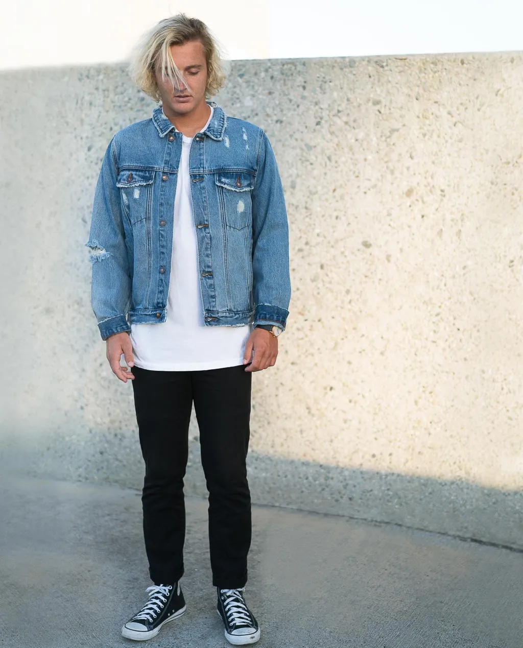 Rollas Distressed Stone Denim Jacket Indigo
