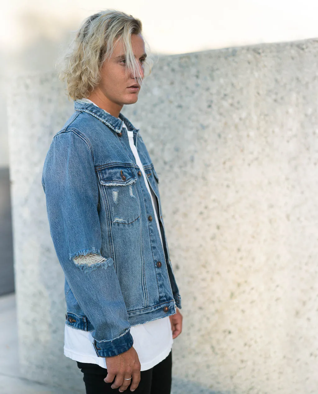 Rollas Distressed Stone Denim Jacket Indigo