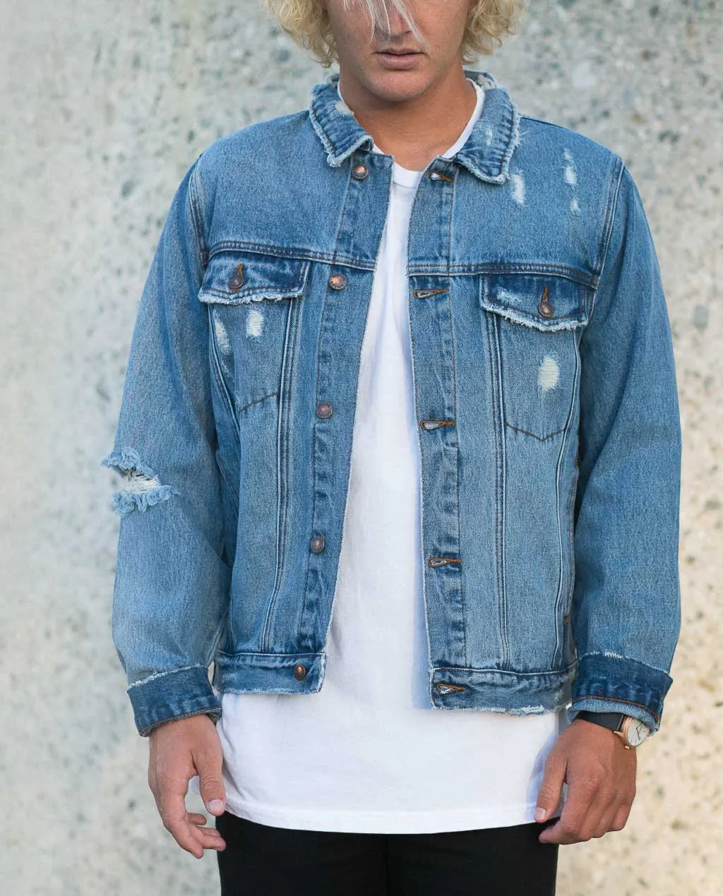 Rollas Distressed Stone Denim Jacket Indigo