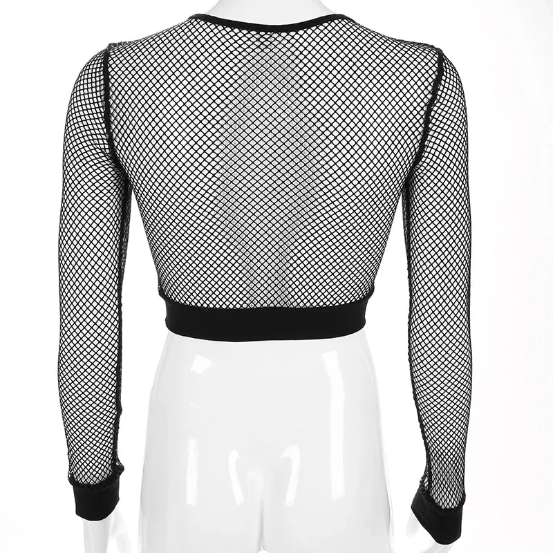 Sexy Hollow Out Long Sleeve Mesh Cropped Tops