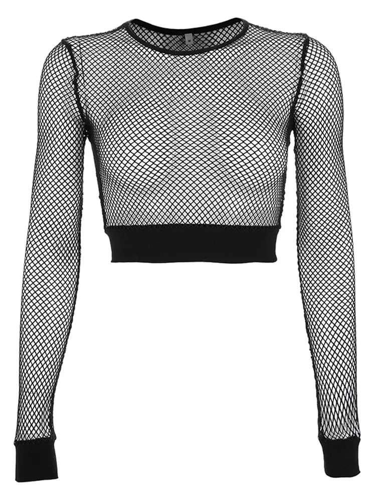 Sexy Hollow Out Long Sleeve Mesh Cropped Tops