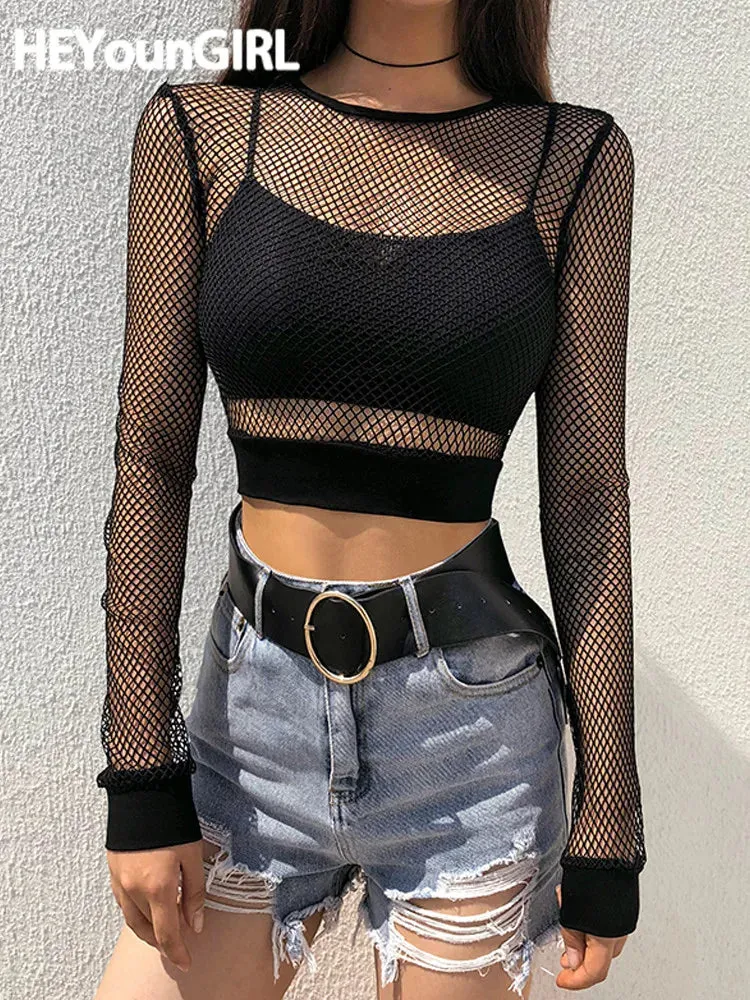 Sexy Hollow Out Long Sleeve Mesh Cropped Tops