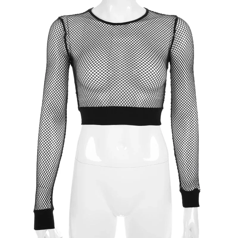 Sexy Hollow Out Long Sleeve Mesh Cropped Tops