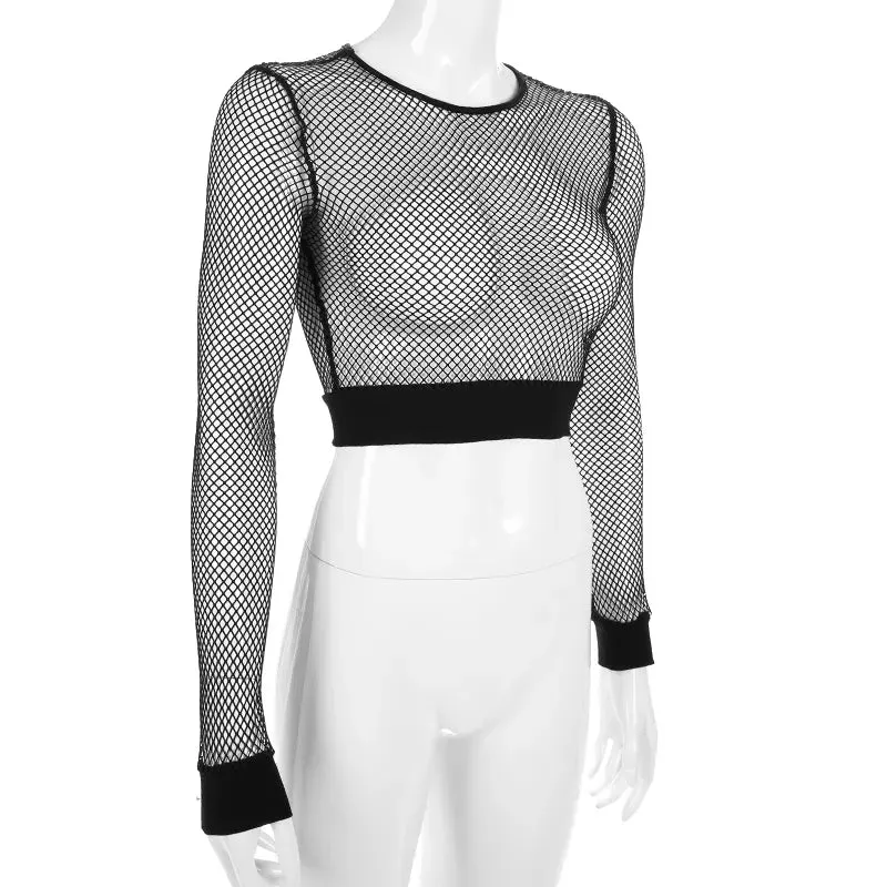 Sexy Hollow Out Long Sleeve Mesh Cropped Tops