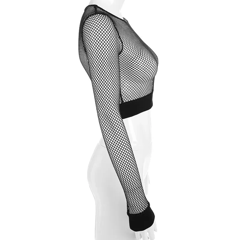 Sexy Hollow Out Long Sleeve Mesh Cropped Tops