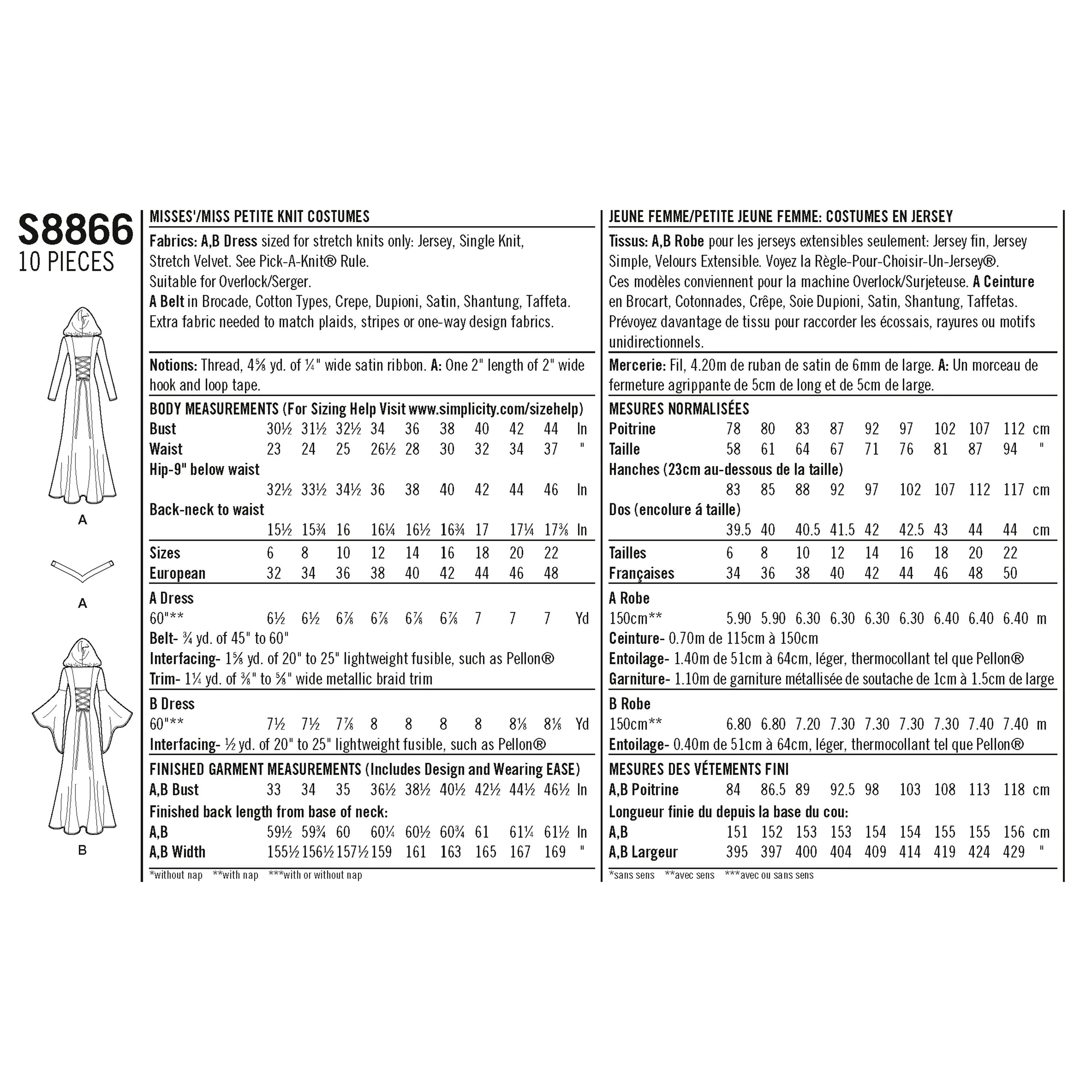Simplicity Pattern 8866 misses / miss petite knit costumes