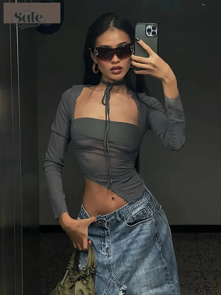 Urban Chic Mesh Crop Top with Ruched Detail