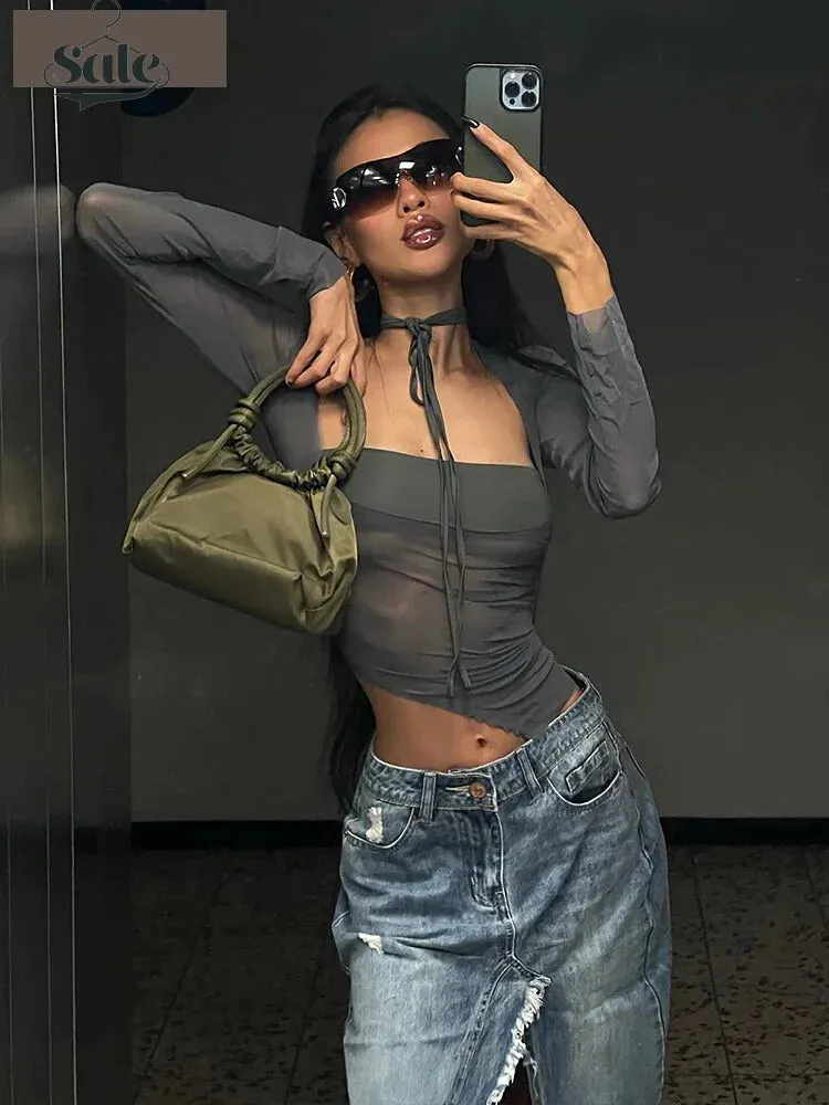 Urban Chic Mesh Crop Top with Ruched Detail